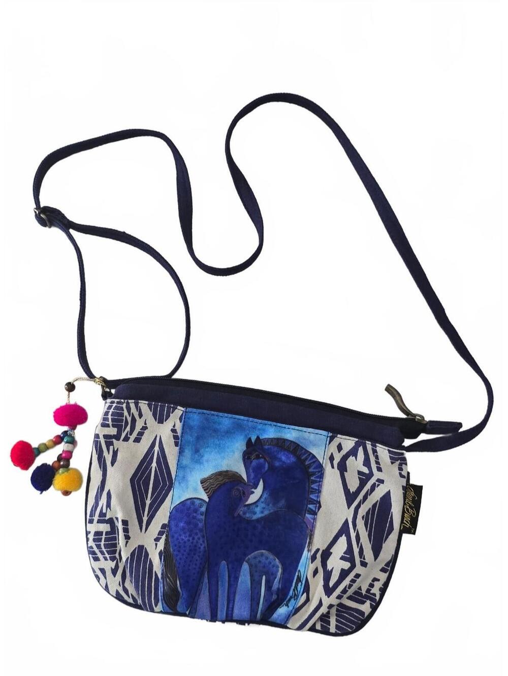 Laurel Burch Blue Horse Cotton Crossbody Bag with Pom Pom Charm